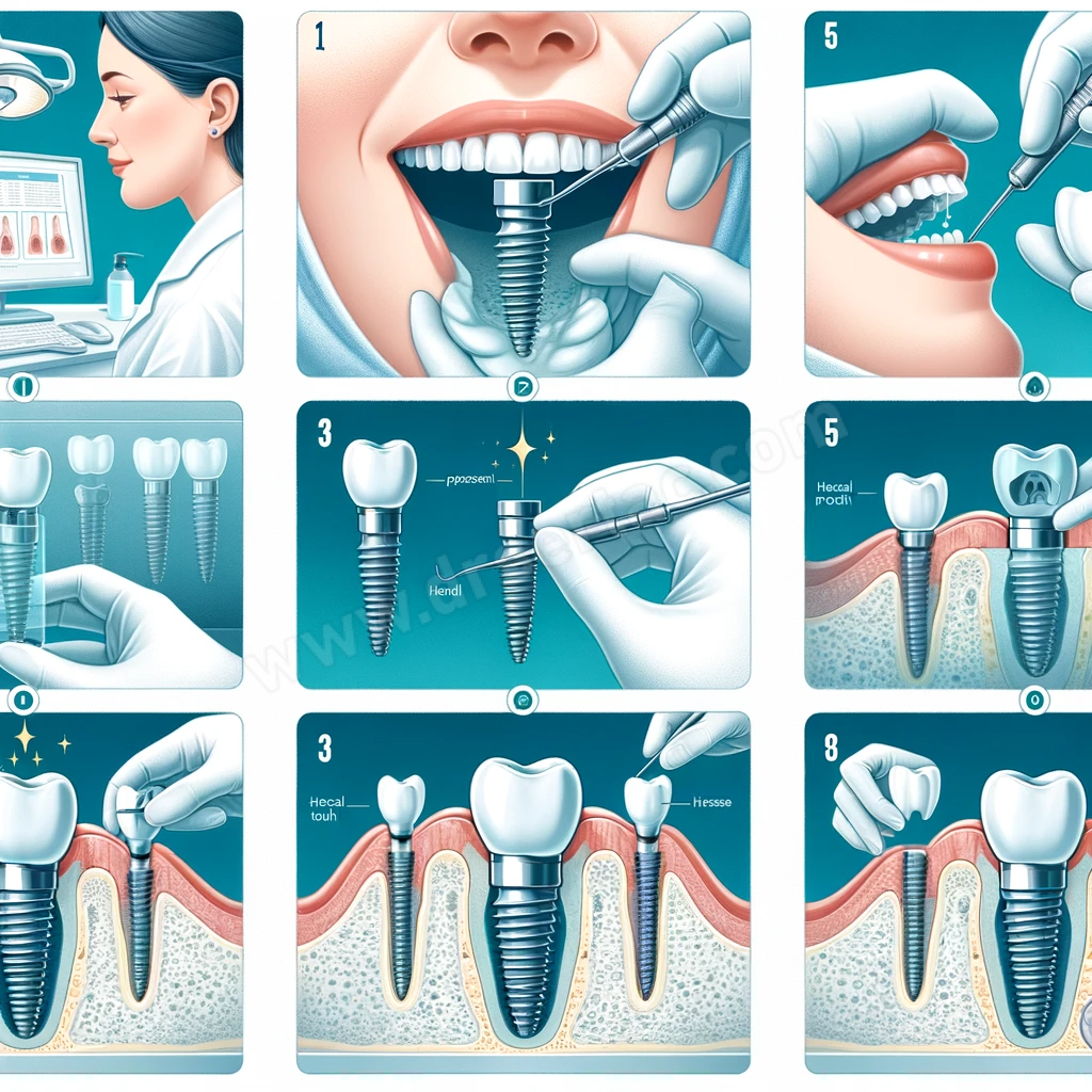 process of dental implant treatment. The image should depict a sequence of events_ 1) Assessment