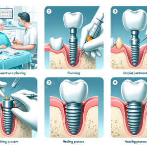 showing the process of dental implant treatment. The image should depict a sequence of events_ 1) Assessment